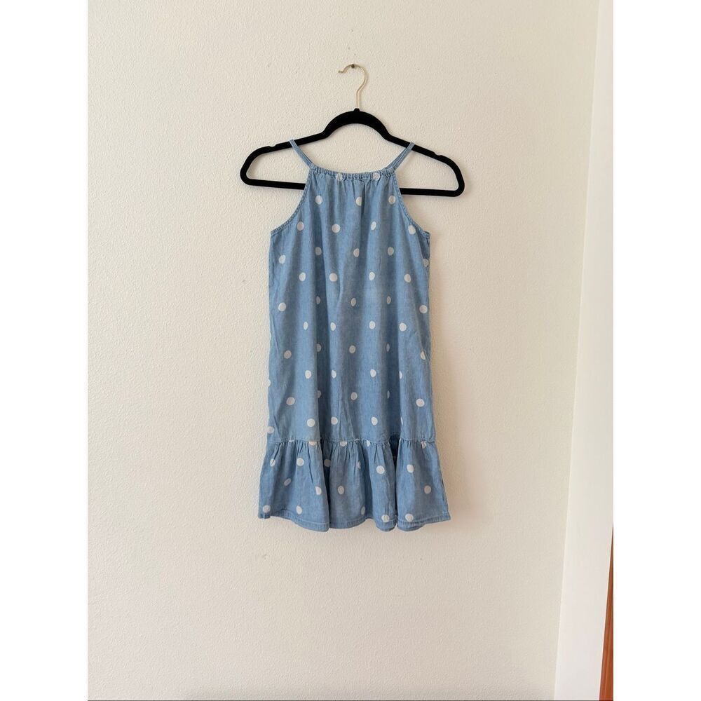 Old Navy Girls Dress Denim Pullover Sleeveless size 10-12 Blue / Polka dots